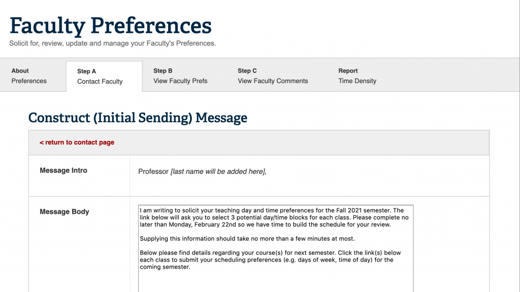Preparing to send message to faculty for teaching preferences