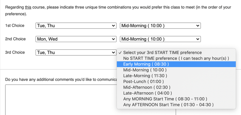 Screenshot of faculty preference collection screen in ofCourse