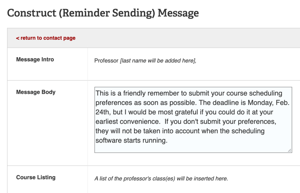Screenshot of message creation for faculty preference collection in ofCourse